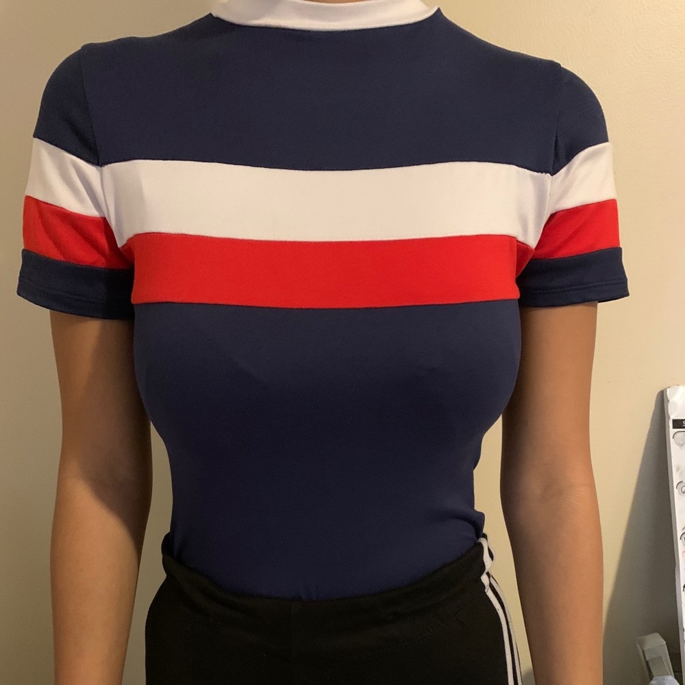 Navy Blue bodysuit with white and red stripe